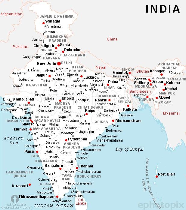 India mappa con le città