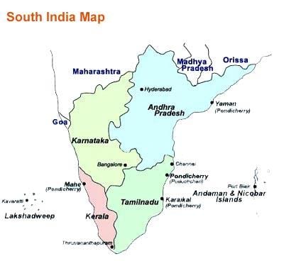 mappa di India del sud per città