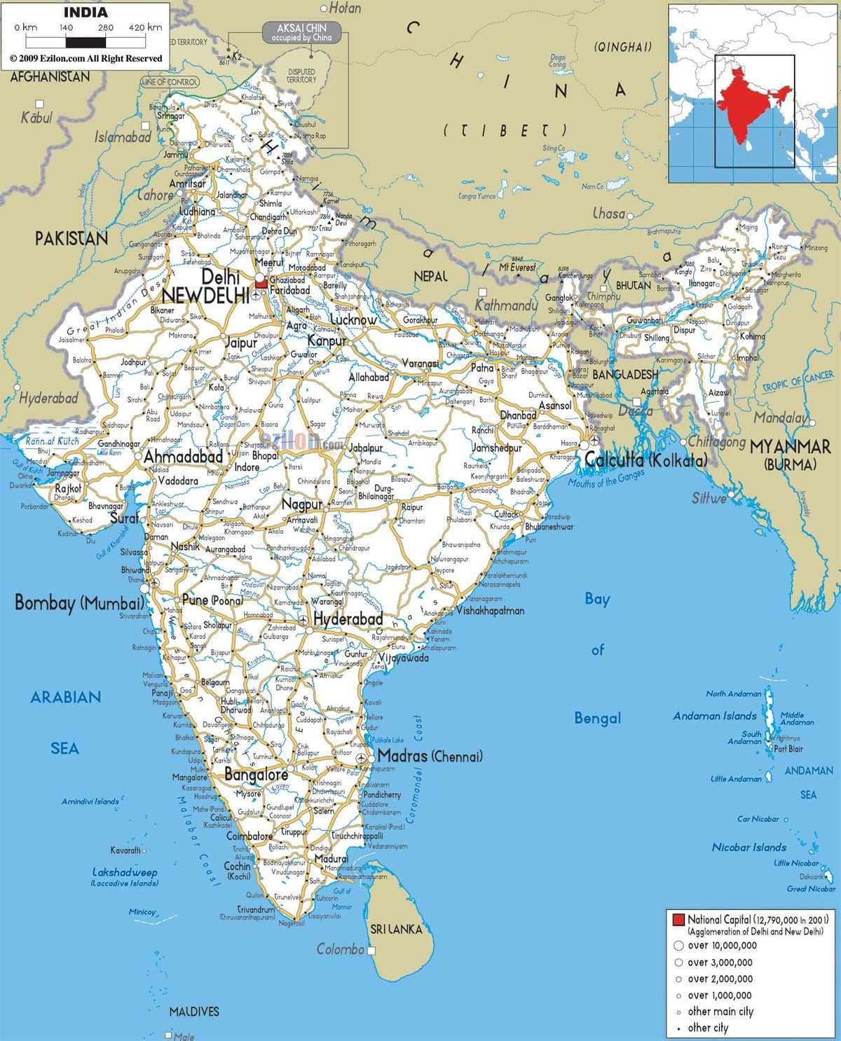 mappa stradale India del sud