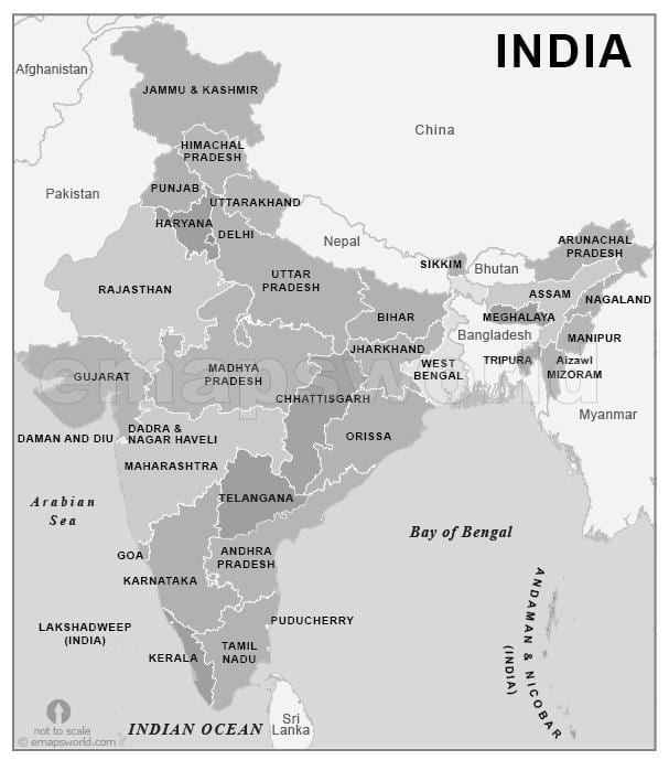 bianco e nero, India mappa
