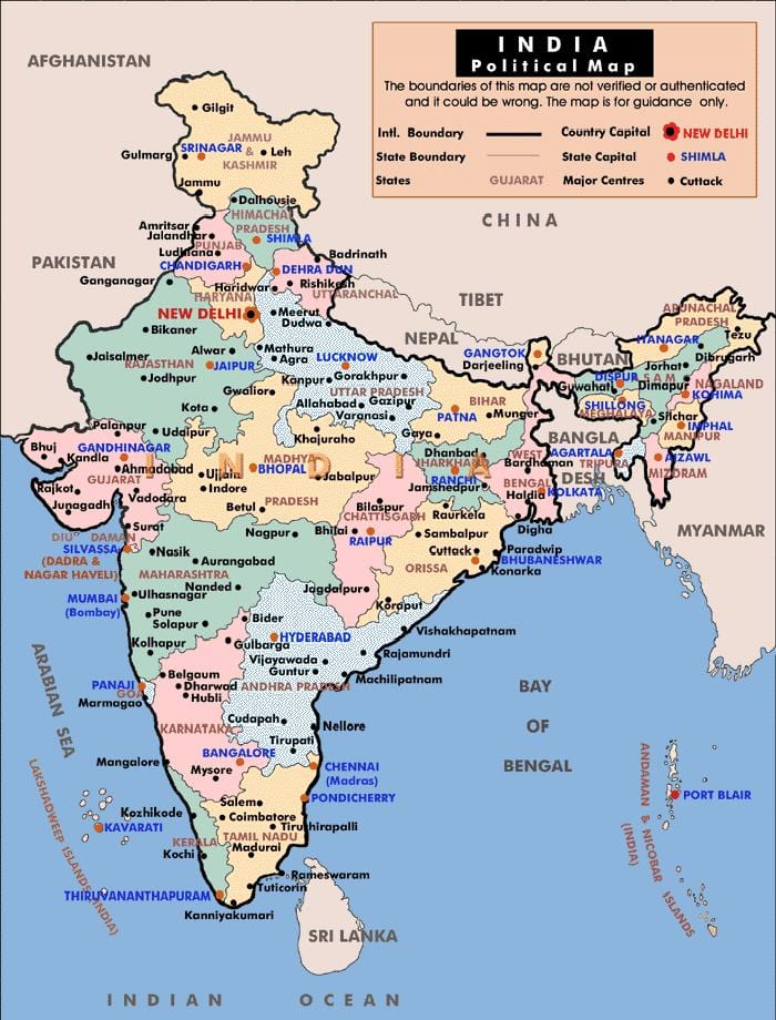 mappa politica dell'India con gli stati