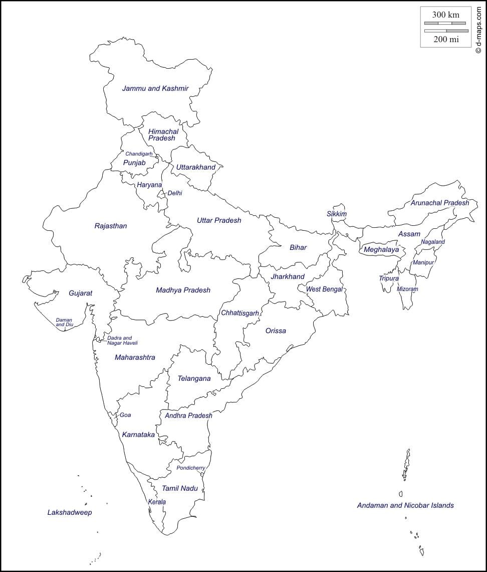 India delineare la mappa con gli stati