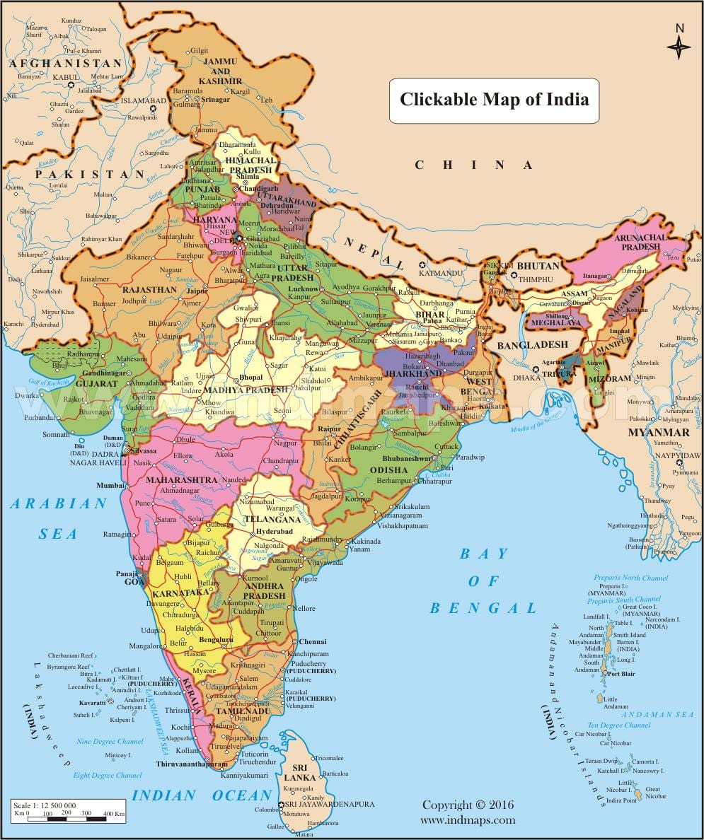 India mappa con gli stati e le città