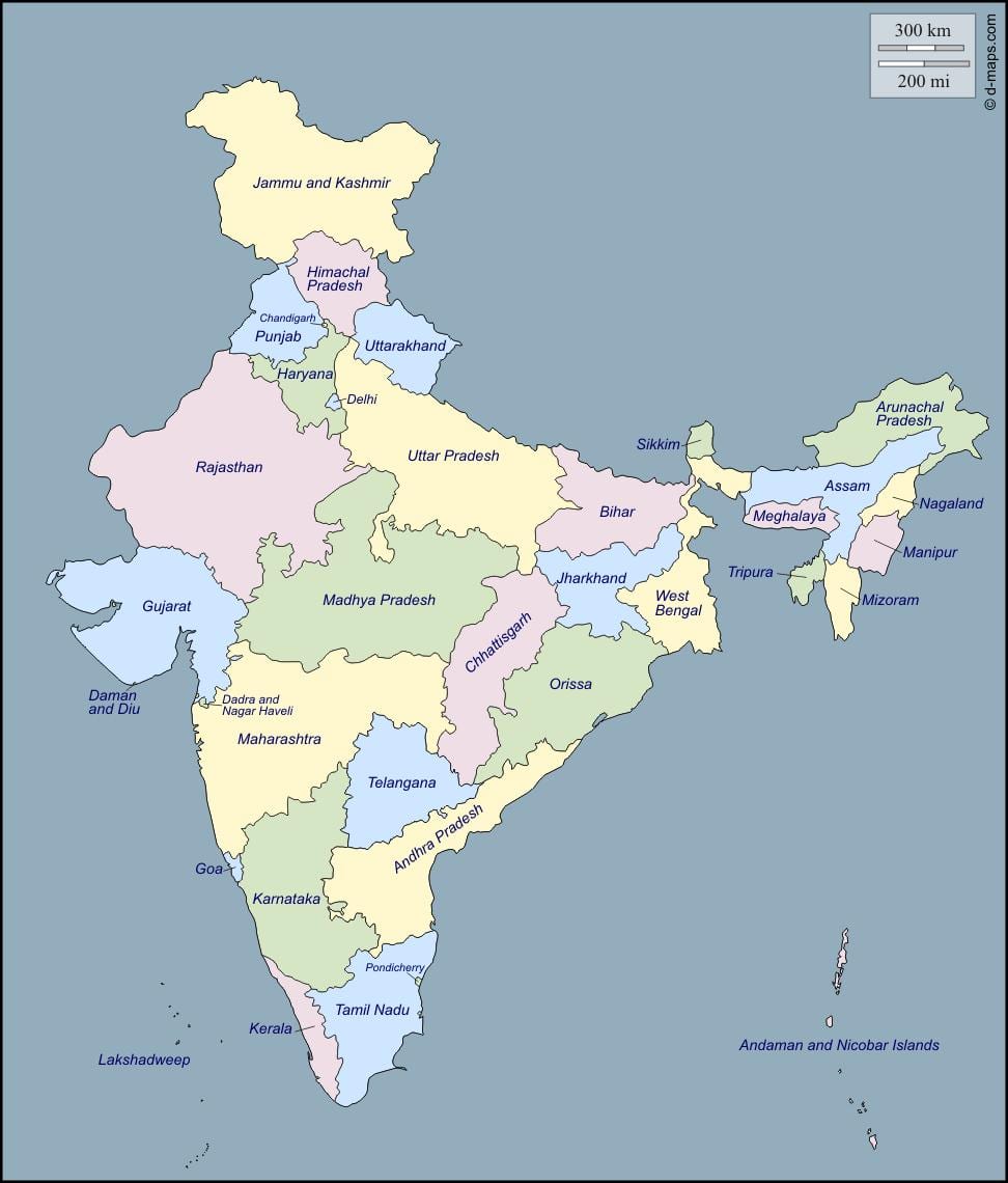 India mappa con i nomi degli stati