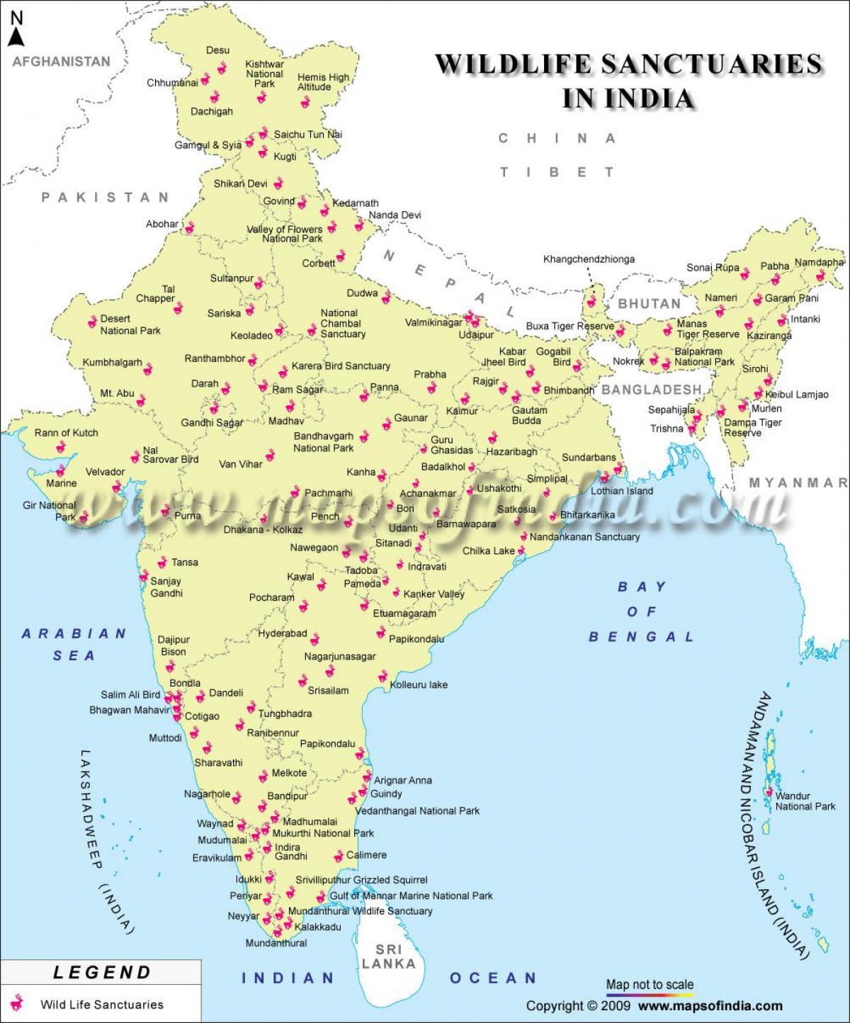 mappa di India santuari della fauna selvatica