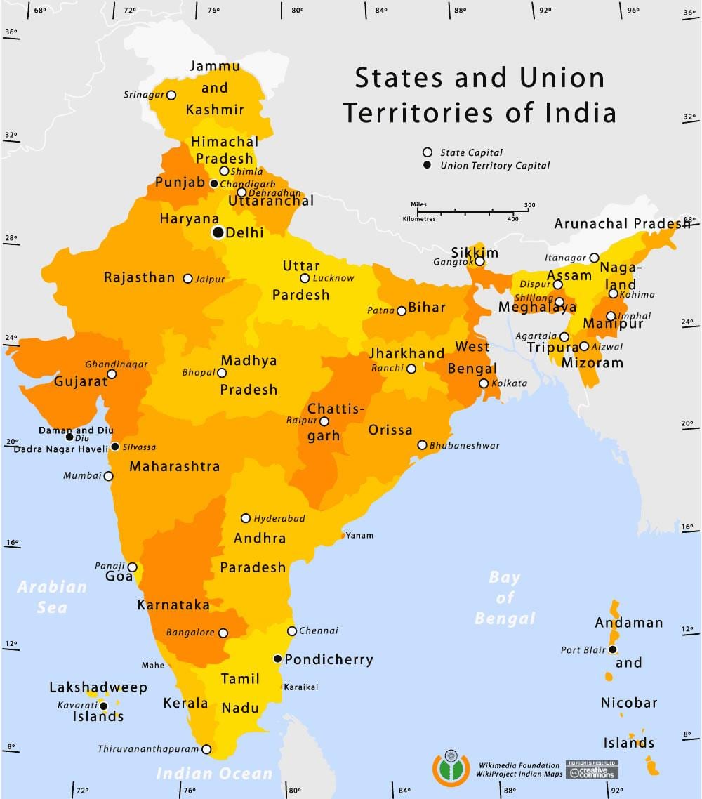unione territori dell'India sulla mappa